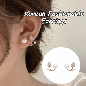 Korean Tulip Pearl Earrings Elegant Luxury Floral Studs For Women Chic Jewelry Plug Clip Earrings