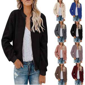 Áo Khoác Bomber kẹp khóa kéo Sherpa thường ngày Lông Thú Giả Tay áo dài cho nữ