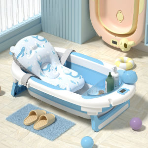 Chậu tắm cho bé gấp gọn có nhiệt kế kèm phao cá heo 9BABY màu xanh biển - Tặng kèm chậu rửa mặt