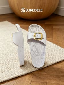 Suredele Womens Slide Sandals with Buckle Detail in Pink White Black and Purple Colors.