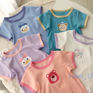 เด็กเสื้อผ้าเด็กเล็กแขนสั้นน่ารักเรียบง่ายเสื้อยืดเด็กหญิงด้านบนรอบคอฤดูร้อนน้ำแข็งไหมการ์ตูนเด็กวาดครึ่งแขน T-shirt【Hippobaby】