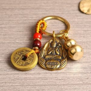 已开光 招财 黄铜十二生肖守护神牌空心葫芦朱砂五帝钱创意汽车挂件 Brass Zodiac Patron Saint Brand Hollow Gourd Cinnabar Five Emperor Money Creative Car Pendant