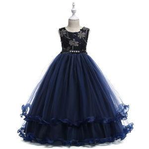 Children Girls Long Tulle Evening Dress – Embroidered Rhinestone Lace Ball Gown for Wedding Birthday Pageant & Performance | Elegant Princess Dress for Kids Ages 4-14