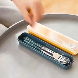 3 in 1 Stainless Steel Fork Spoon and Chopsticks Portable Cutlery Set w/Box for Universal Lunch Box
