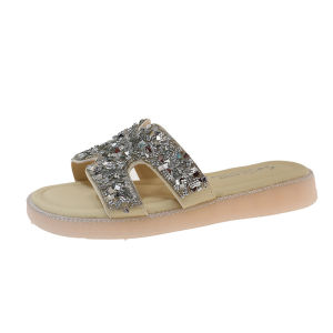[Free Shipping] Womens Beach Rhinestone Sandals for Outdoor Wear 2026 Summer New Sweet Flat Sandals to Match with Skirts One-Strap Slippers