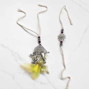Krishna Flute Designer Rakhi Set with Floral Companion Rakhi Pearl Tassels & Handcrafted Silver Finish for Raksha Bandhan Gift (Pack of 2 Pcs)