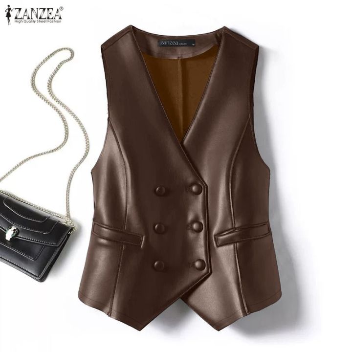ZANZEA Women Streetwear Fashion V-Neck Vests Sleeveless Faux