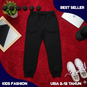 Celana Jogger Hitam Anak Laki-Laki & Perempuan – Bahan Baby Terry – Usia 2-12 Tahun