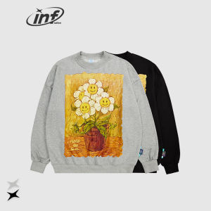 INFLATION Brand oil painting sunflower round neck sweater 2022 autumn new 330g terry smiley print top men
