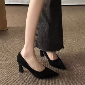 Free Shipping Black Work Shoes Comfortable For Long Hours Suede Suitable For Commuting Thick Heels Formal Wear Soft Soles Elegant High Heels WomenS Professional Shoes