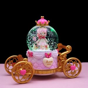 Pumpkin Carriage Car Princess Prince Crystal Ball Music Box Pink Castle Musical Ball Resin Ornament Creative Gift