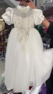 Đầm công chúa bé gái thiết kế cao cấp cho bé đi dự tiệc phù dâu từ 3 đến 12 tuổi dài cổ tàu màu trắng DBG127