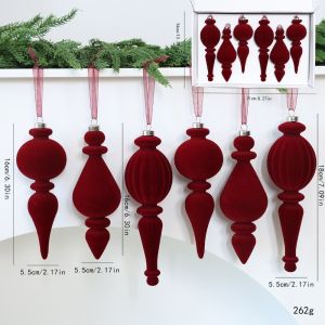 MAYIT 6pcs/Box Màu đỏ tía Đồ trang trí cây thông Noel Treo Lông nhung Đồ trang trí hình nón.  Chống vỡ Đồ trang trí hình quả bóng nhung. Trang trí cho các buổi tiệc tại nhà.
