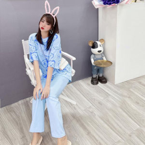 Set Đồ Bộ Thun Mặc Nhà Cho Nữ Áo Phom Rộng Quần Suông Dài Họa Tiết Gấu