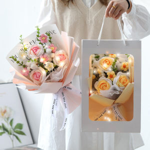 Knitted Flower Rose Tulips Fake Flowers Creative Artificial Bouquet Hand-woven Crochet Home Table Decorate Wedding Accessory