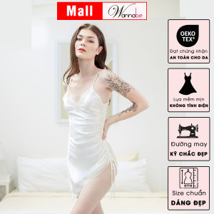 Đầm ngủ lụa WANNABE DNS57 váy ngủ 2 dây phối ren lượn sóng tại cổ dây rút nhúng 1 bên hông khoe chân dài đẹp gợi cảm