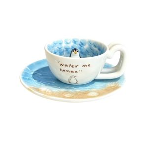TEWUB Ceramic Seal Swimming Pool Ceramic Mug 3D Figure Cute Milk Anime Themed Cup Cartoon Penguin Cup and Saucer Set Breakfast Coffee