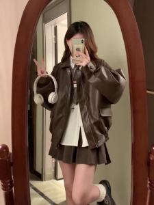 324Brown Turndown Collar Zipper Leather Jacket Coat American Vintage New Motorcycle Clothing Cal Y2k Loose Thickened Top