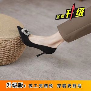 Free Shipping New High-Heeled Shoes With A Stylish Design Featuring A Pointed Toe Shallow Opening Slender Heel Square Buckle And Rhinestone Embellishments