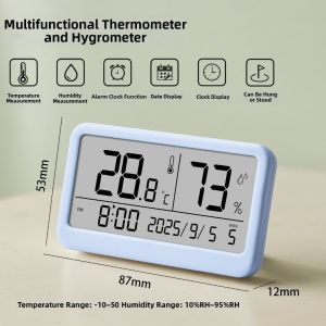 NOCASE Từ tính Máy đo nhiệt độ Đa chức năng Màn hình LCD Máy đo độ ẩm điện tử Hiển thị theo thời gian thực Đồng hồ báo thức kỹ thuật số Sử dụng tại nhà