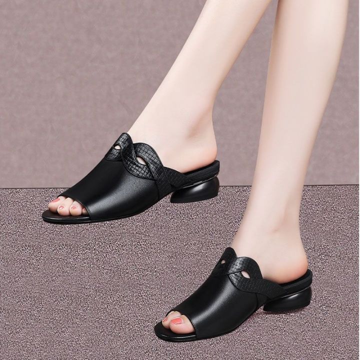 Women's Genuine Leather Mules Shoes Summer New Fashionable Heel Mules for  Women Lazada PH