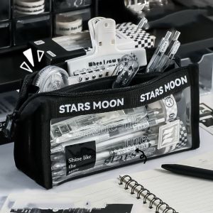 ZM10Q สามมิติกัน กล่องดินสอพีวีซีใส สามเหลี่ยมแอลอีดี จุได้มาก กระเป๋าซิปโปร่งใส แพ็คหูฟัง กันน้ำกันน้ำได้ ถุงเก็บเครื่องเขียน การจัดหาโรงเรียน