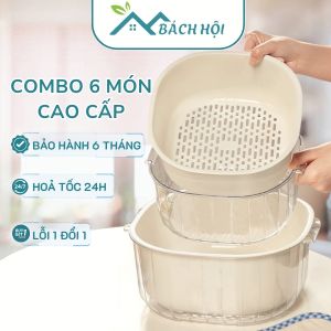 Rổ nhựa chữ nhật kèm chậu bộ 6 món rổ rửa rau củ hoa quả hàng cao cấp Việt Nhật