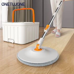 Onetwone 360°Rotatable Mop with Bucket Set Household Round Spin Mop for Wash Floor Wet and Dry Flat Mopping Mop with 2 pieces Microfiber cloth