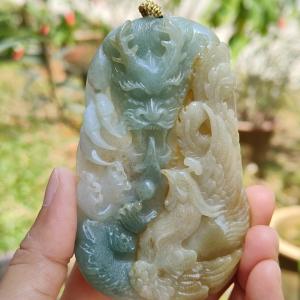Light Green and Yellow Natural Type A Jadeite Jade Crafted with Dragon and Pheonix as Pendant Certificate weigh 96.95 grams measurement 90.2 * 55.7 * 11.5 mm (pendant222)