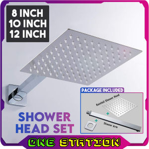 Set At-201200/250/300 Set Square Rainfall Shower Head 8"/10"/12" with Arm Stainless Steel Ultra Thin Wall Mounted