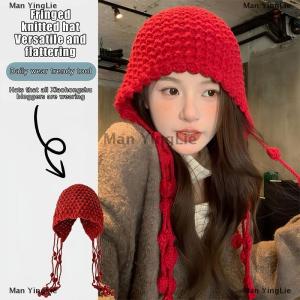 [COD] Man YingLie Sweet Handmade Autumn Winter Knitted Beanies Hat Wool Warm Ear Protection Hat Windproof Tassel Pullover Hat