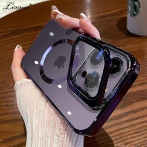 Luxury Magnetic Bracket Case for iPhone 14 13 12 15 16 Pro Max 16 Plus for Magsafe Wireless Charge Stand Transparent Cover