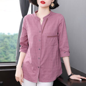Cotton Linen Ladies Shirt 3/4 Sleeve Plus Size Womens Summer Plaid Top Elegant Formal Shirt