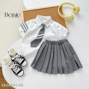 Set sơ mi đồng phục đôi cho bé trai bé gái phối sọc kèm cà vạt đi học đi chơi 1đến 7t BERNIE 23B356