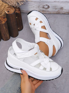 [Free Shipping] New Summer Collection: Thick-Soled Hollowed-Out Breathable Sports Sandals Available In Plus Sizes Solid-Color Closed-Toe And With Velcro Straps
