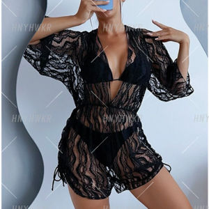 Long Sleeve Gauze Corset Swimsuit Women/High Waist Drawstring Sun Protection Blouse Three-Piece Swimsuit