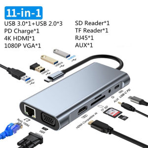 USB HUB Type C Adapter 11-in-1 4K HDMI VGA PD USB3.0 RJ45 Ethernet TF SD Card Reader 3.5mm AUX