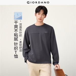 GIORDANO Men T-Shirts Seam Detail Embroidery Pocket Tee Crewneck Long Sleeve Fashionable Casual Relaxed T-Shirts 13026609