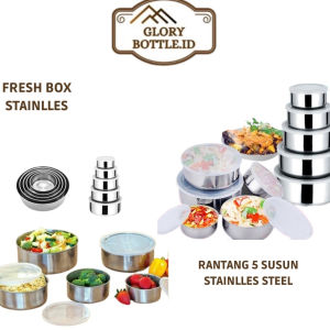 GB - RANTANG 5 SUSUN STAINLESS STEEL / POLOS KOTAK MAKAN TEMPAT MAKANAN BEKAL FRESH BOX TUTUP PLASTIK / TOPLES PENYIMPANAN BUAH SNACK / MANGKUK PIRING