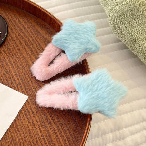2pcs Cute Fluffy Pentagram Star Hairpins Star Plush Hair Clip BB Side Bang Clip Faux Fur Bobby Pin Barrettes Hair Accessories