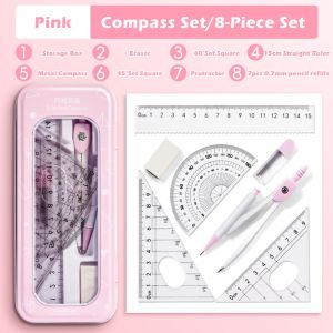 INVADER 8PCS/Set Transparent Ruler Compasses Set Eraser Plastic Protractor Multi-Function Set Square Drawing Tool Students