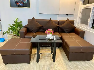 Sala set L shape Brown Leather with Glass table uratex foam / Cash on delivery only !!