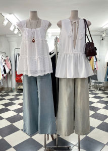 Full lót Áo babydoll 2 dây bản to form dài chất boi thêu hoa nhí dày dặn viền bèo viền dưới lượn sóng bo chun sau lưng màu trắng kem CLOUDY TOP