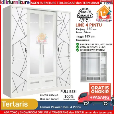Lemari Pakaian Besi 4 Pintu Sliding Cermin LUNA 4P + 2 Laci