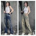 Quần Jeans Nữ Dáng Suông ,Quần Bò Nữ Ống Rộng Đi Viền Kiểu Nổi 2 Bên Phối Túi Kiểu 2 Màu Siêu Hot. 