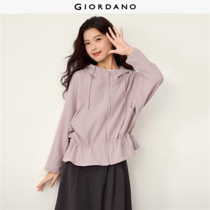 Giordano Beau Monde Women Waffle ruffle hem seam detail hooded jacket Free Shipping 13376226