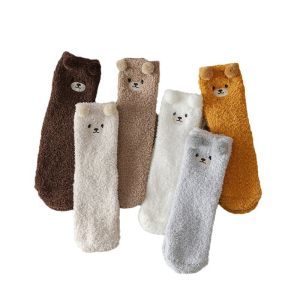 3 Pairs Winter Socks Women Warm Fluffy Socks Bear Cute Animal Coral Fleece Kawaii Fuzzy Socks Thicken Home Sleep Floor Socks Ins