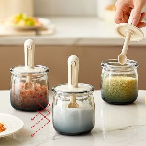 GUHEHARD Moisture Proof Glass Seasoning Bottle Leak Proof Retractable Spoon Spice Container Simple Dark Gradient Glass Salt Storage Box Household