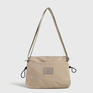 ALO Nylon Crossbody Bag Women Rectangular Metal Tag Wide Printed Strap Drawstring Side Design Casual Shoulder Bag