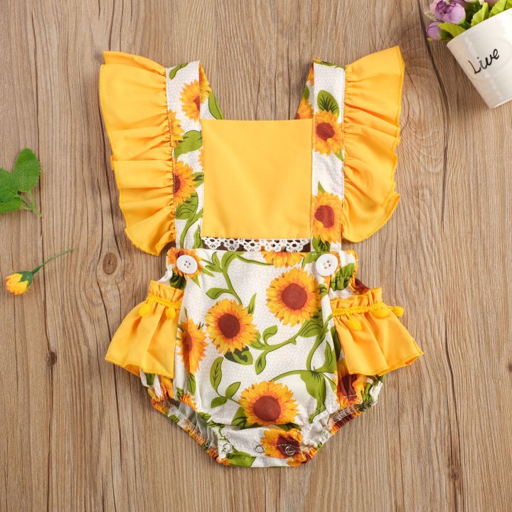 beautywoo】Newborn Baby Girl Clothes Summer Off Shoulder Sunflower